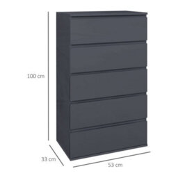 Homcom Bedroom Chest Of Drawers, High Gloss 5 Drawers Dresser, Grey - thumbnail 3