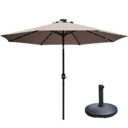 Sundaze 2.7M Taupe Garden Parasol Outdoor Patio Crank Tilt Umbrella With Led Lights, Base Weights