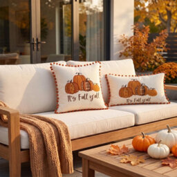 Amorly 18X18In Embroidered Pumpkin Pillow Cover With Orange Pompoms, Farmhouse Autumn Cushion Cover, Indoor Outdoor Home Decor - thumbnail 7