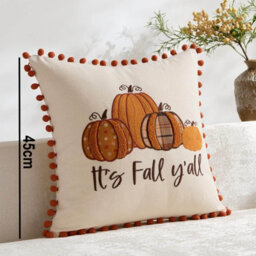 Amorly 18X18In Embroidered Pumpkin Pillow Cover With Orange Pompoms, Farmhouse Autumn Cushion Cover, Indoor Outdoor Home Decor - thumbnail 5