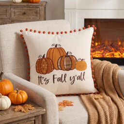 Amorly 18X18In Embroidered Pumpkin Pillow Cover With Orange Pompoms, Farmhouse Autumn Cushion Cover, Indoor Outdoor Home Decor - thumbnail 6