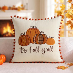 Amorly 18X18In Embroidered Pumpkin Pillow Cover With Orange Pompoms, Farmhouse Autumn Cushion Cover, Indoor Outdoor Home Decor - thumbnail 1