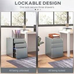 Vinsetto 3 Drawer Metal Filing Cabinet Lockable 5 Wheels Compact Under Desk Grey - thumbnail 4
