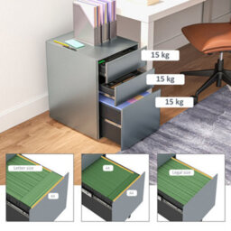 Vinsetto 3 Drawer Metal Filing Cabinet Lockable 5 Wheels Compact Under Desk Grey - thumbnail 8