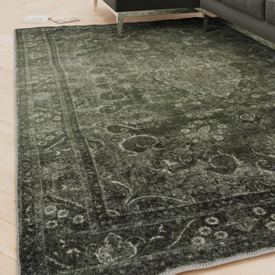 Loomed Vintage Design Cotton Chenille Rug Dark Green Machine Washable 80Cm X 150Cm - image 1