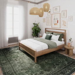 Loomed Vintage Design Cotton Chenille Rug Dark Green Machine Washable 80Cm X 150Cm - thumbnail 2