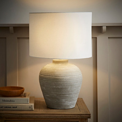 Valuelights Reid Linen Drum Lamp Shade Stone Grey Ribbed Ceramic Large Table Lamp - image 1
