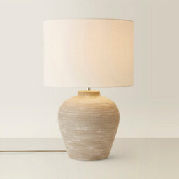 Valuelights Reid Linen Drum Lamp Shade Stone Grey Ribbed Ceramic Large Table Lamp - thumbnail 2