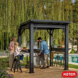 Keter Grill Gazebo 8Ft X 6Ft 7In Weather-Resistant Outdoor Bbq Shelter With Bar Shelves, Hooks & Wood-Look Finish - thumbnail 1