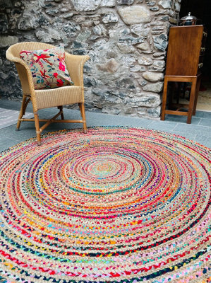 Second Nature Online Mishran Round Jute Area Rug Hand Woven With Recycled Fabric 120 Cm Diameter - image 1