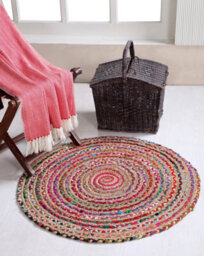 Second Nature Online Mishran Round Jute Area Rug Hand Woven With Recycled Fabric 120 Cm Diameter - thumbnail 4