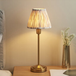 Luminosa Lighting Luminosa Rise Vintage Brass Finish Table Lamp With Neutral Print Fabric Ikat Shade 16Cm E14 - thumbnail 4