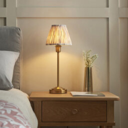 Luminosa Lighting Luminosa Rise Vintage Brass Finish Table Lamp With Neutral Print Fabric Ikat Shade 16Cm E14 - thumbnail 2
