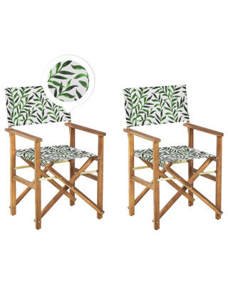 Beliani Garden Director Chairs Set Of 2 - Folding Acacia Wood, Off-White Leaf Replacement Fabric, Light Wood Finish - image 1