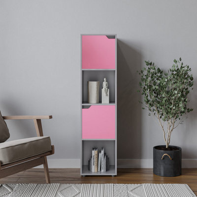 Urbn-Living Urbnliving 119Cm Height Grey 4 Cube Bookcase Shelving Display Shelf Storage Unit Pink Wooden Door Organiser - image 1
