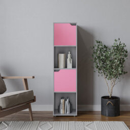 Urbn-Living Urbnliving 119Cm Height Grey 4 Cube Bookcase Shelving Display Shelf Storage Unit Pink Wooden Door Organiser - thumbnail 1