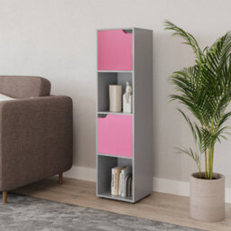 Urbn-Living Urbnliving 119Cm Height Grey 4 Cube Bookcase Shelving Display Shelf Storage Unit Pink Wooden Door Organiser - thumbnail 2