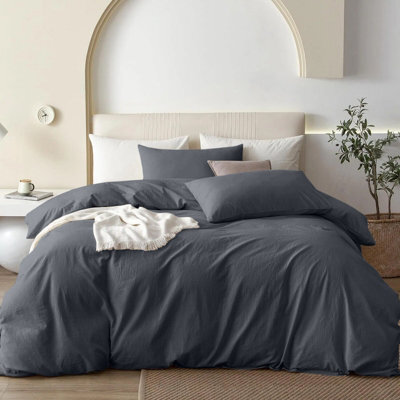Oxford Homeware Plain Duvet Cover Set Double Charcoal With Fitted Sheet & Pillowcases, Plain Bedding Duvet Cover - image 1