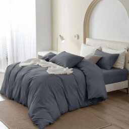 Oxford Homeware Plain Duvet Cover Set Double Charcoal With Fitted Sheet & Pillowcases, Plain Bedding Duvet Cover - thumbnail 3