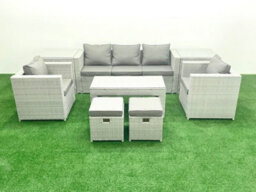 Fimous Rattan Garden Furniture Set 7 Seater Outdoor Garden Sofa Oblong Coffee Table Set 2 Chairs 2 Stools 2 Side Tables Light Grey - thumbnail 2