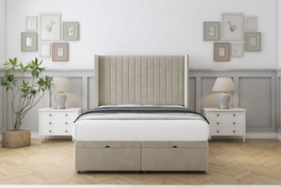 "Comfort Chester Cream Plush Ottoman Bed Base With 54"" Wingback Headboard 6' Super King" - image 1
