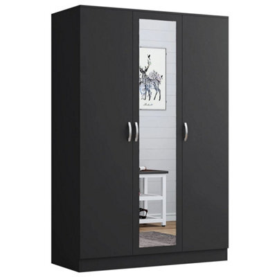 Black Wooden 3 Door Wardrobe With Mirror Shelves And Hanging Rails Bedroom Storage - image 1