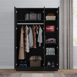 Black Wooden 3 Door Wardrobe With Mirror Shelves And Hanging Rails Bedroom Storage - thumbnail 2