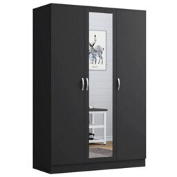 Black Wooden 3 Door Wardrobe With Mirror Shelves And Hanging Rails Bedroom Storage - thumbnail 1