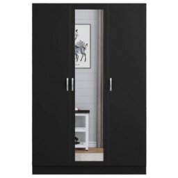 Black Wooden 3 Door Wardrobe With Mirror Shelves And Hanging Rails Bedroom Storage - thumbnail 4