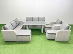 Fimous 11 Seater Outdoor Dining Table 3 Seater Sofa Reclining Chair Set With Side Table 3 Stools Light Grey - thumbnail 2