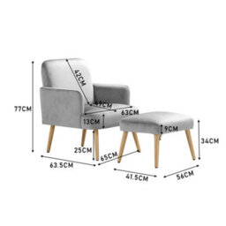 Living And Home Grey Velvet Upholstered Occasional Armchair Relaxing Chair With Footstool - thumbnail 6
