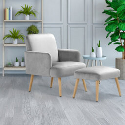 Living And Home Grey Velvet Upholstered Occasional Armchair Relaxing Chair With Footstool - thumbnail 2