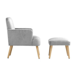 Living And Home Grey Velvet Upholstered Occasional Armchair Relaxing Chair With Footstool - thumbnail 5