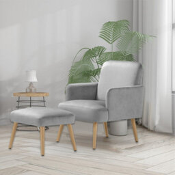 Living And Home Grey Velvet Upholstered Occasional Armchair Relaxing Chair With Footstool