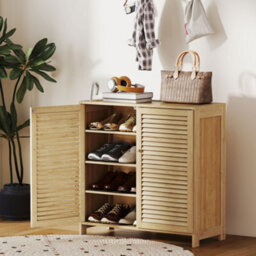 Homcom Bamboo Shoe Cabinet With Louvered Doors 14 Pairs Shoe Storage Cabinet