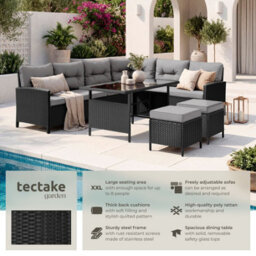 Tectake 8 Seater Garden Furniture Set Barletta With Cushions, Footstools And Table  - Black/grey - thumbnail 2