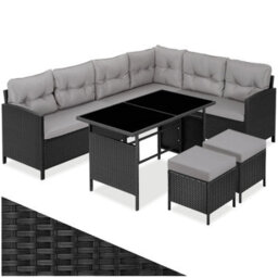 Tectake 8 Seater Garden Furniture Set Barletta With Cushions, Footstools And Table  - Black/grey - thumbnail 1