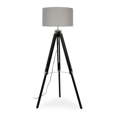 Valuelights Clipper Black Wood And Silver Chrome Tripod Floor Lamp With Grey Drum Shade - image 1