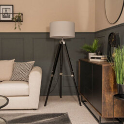 Valuelights Clipper Black Wood And Silver Chrome Tripod Floor Lamp With Grey Drum Shade - thumbnail 4