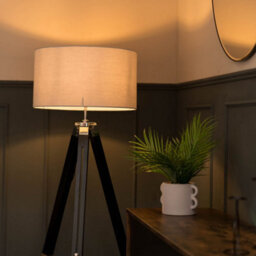 Valuelights Clipper Black Wood And Silver Chrome Tripod Floor Lamp With Grey Drum Shade - thumbnail 5