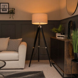 Valuelights Clipper Black Wood And Silver Chrome Tripod Floor Lamp With Grey Drum Shade - thumbnail 3