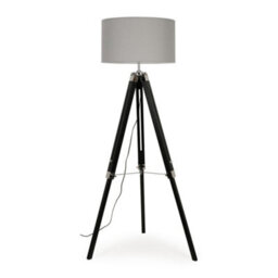 Valuelights Clipper Black Wood And Silver Chrome Tripod Floor Lamp With Grey Drum Shade - thumbnail 2