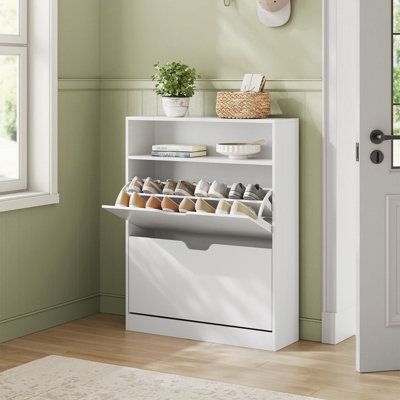 Songmics 3-Tier Shoe Cabinet, Shoe Storage Shelf, Shoe Rack, With 2 Flip Doors, Cloud White - image 1