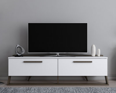 Decorotika Astrid Tv Stand Tv Cabinet Tv Unit With 2 Dropdown Cabinets - White And Walnut Pattern - image 1