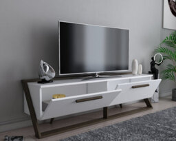 Decorotika Astrid Tv Stand Tv Cabinet Tv Unit With 2 Dropdown Cabinets - White And Walnut Pattern - thumbnail 3