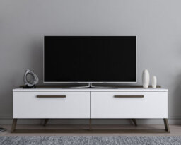 Decorotika Astrid Tv Stand Tv Cabinet Tv Unit With 2 Dropdown Cabinets - White And Walnut Pattern