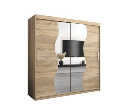 Arte Madrid Contemporary 2 Mirrored Sliding Door Wardrobe 9 Shelves 2 Rails Oak Sonoma Effect (H)2000mm (W)2000mm (D)620mm - image 1