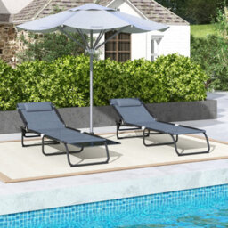 Outsunny 2 Pcs Folding Beach Chair Chaise Lounge 4 Adjustable Positions, Grey - thumbnail 7