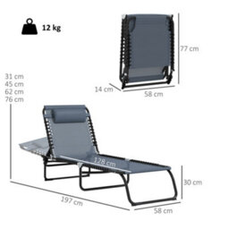 Outsunny 2 Pcs Folding Beach Chair Chaise Lounge 4 Adjustable Positions, Grey - thumbnail 3