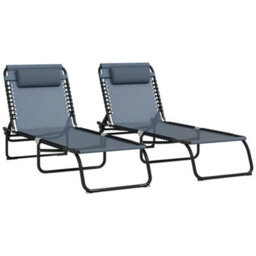 Outsunny 2 Pcs Folding Beach Chair Chaise Lounge 4 Adjustable Positions, Grey - thumbnail 2